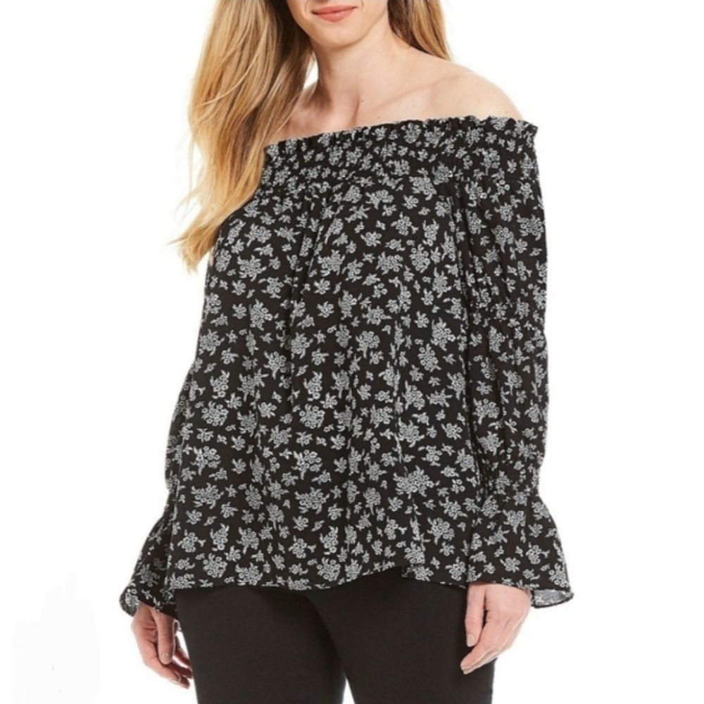 MICHAEL KORS Off The Shoulder Top 2X Boho Ruffled black ditzy floral blouse